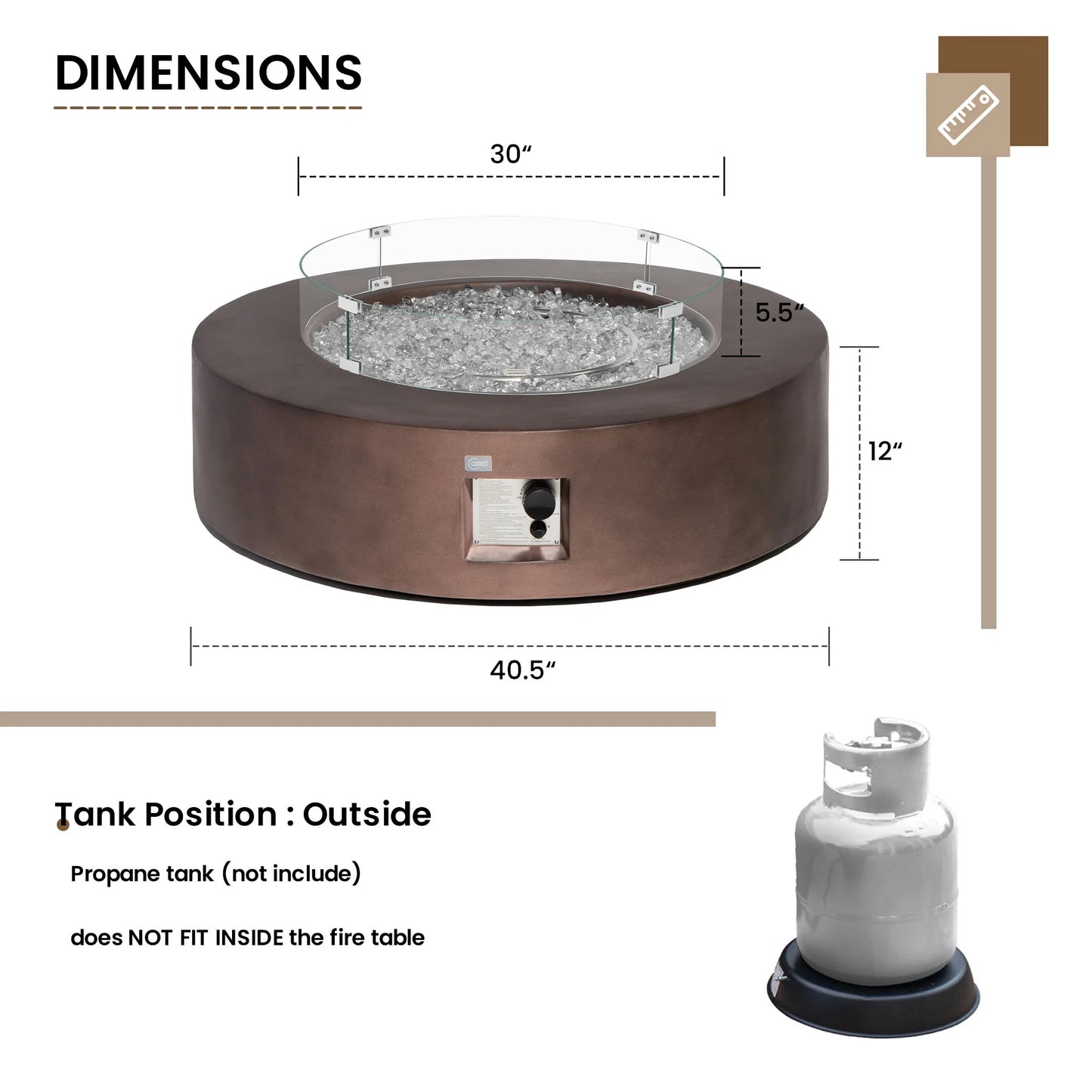 MGO Outdoor Propane Fire Pit Table with Wind Guard, Transparent Gray Fire Glass, Waterproof Cover for Garden, Backyard