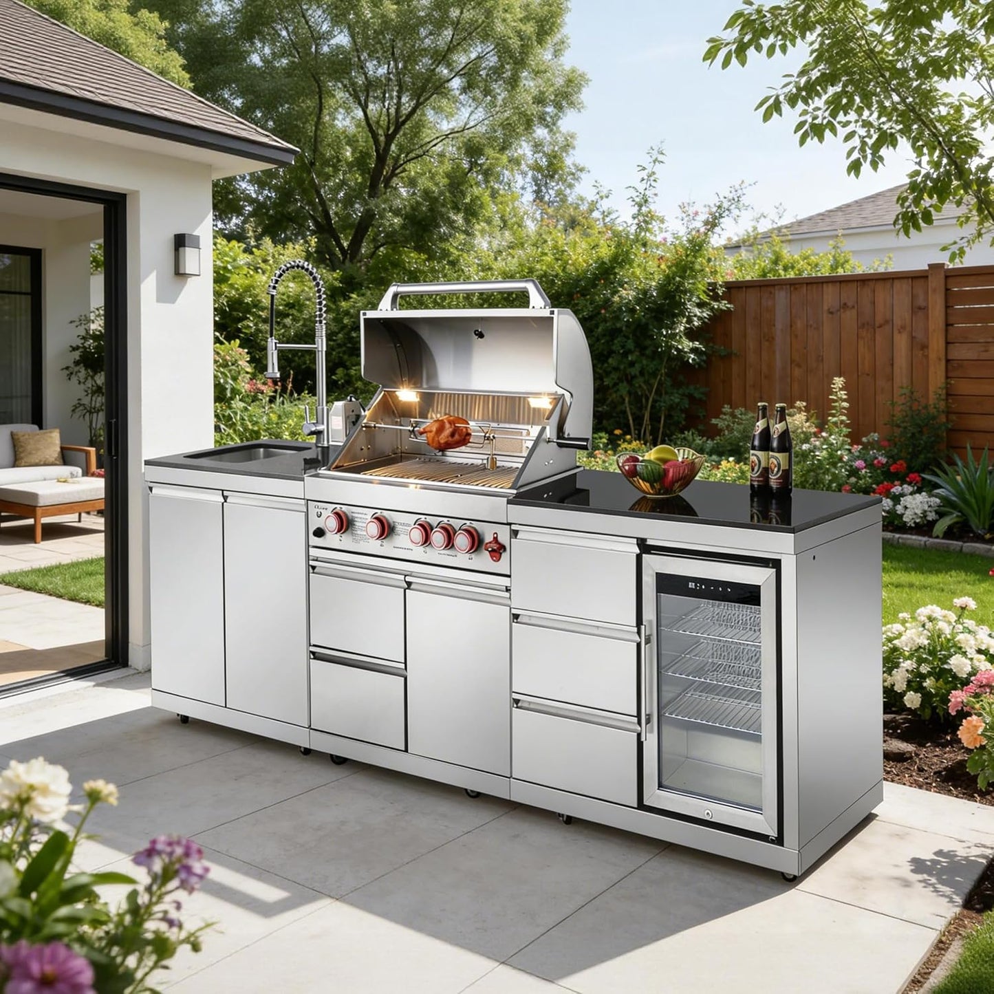 102.4" Outdoor Kitchen Island, 4-Burner Propane Gas BBQ Grill 59500 BTU 304 Stainless Steel, Built-In Sink & Refrigerator for Backyard Patio Cooking (Silver, 102.4"')