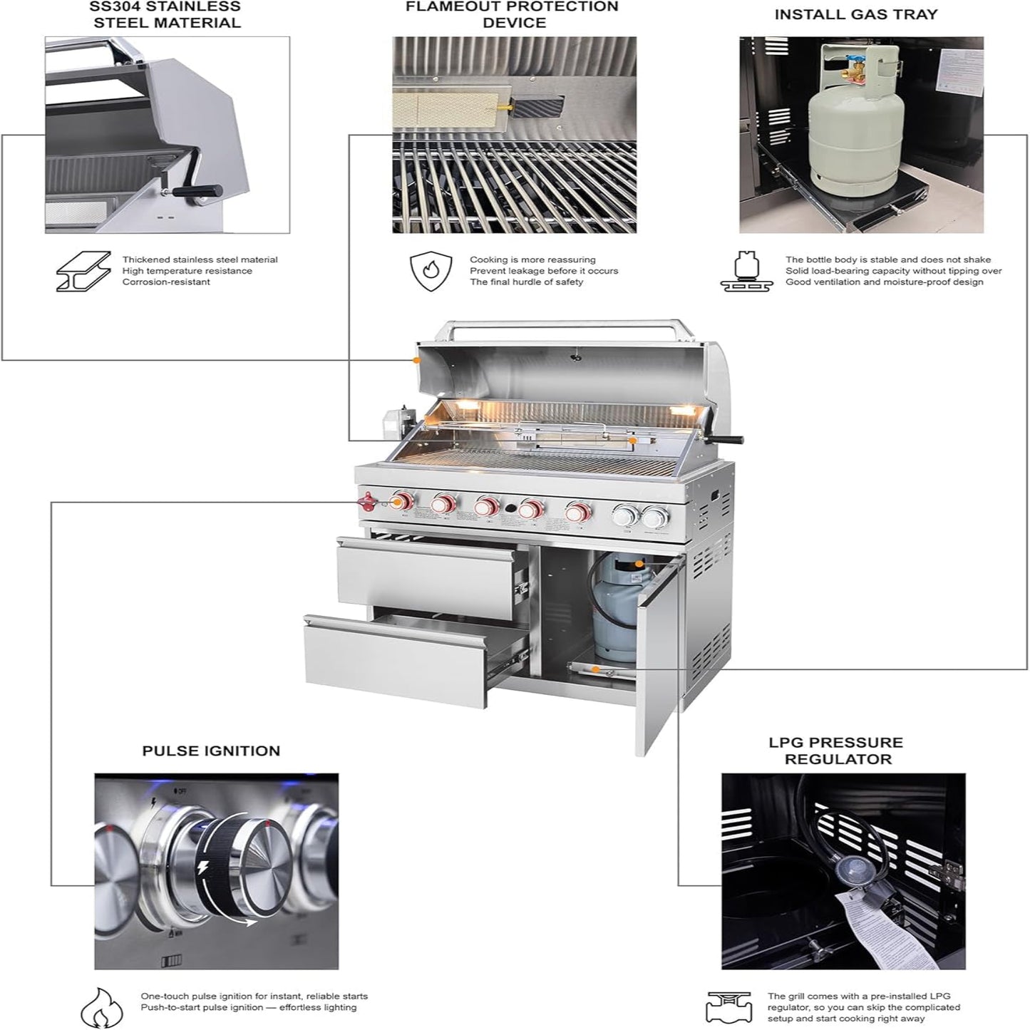 102.4" Outdoor Kitchen Island, 4-Burner Propane Gas BBQ Grill 59500 BTU 304 Stainless Steel, Built-In Sink & Refrigerator for Backyard Patio Cooking (Silver, 102.4"')