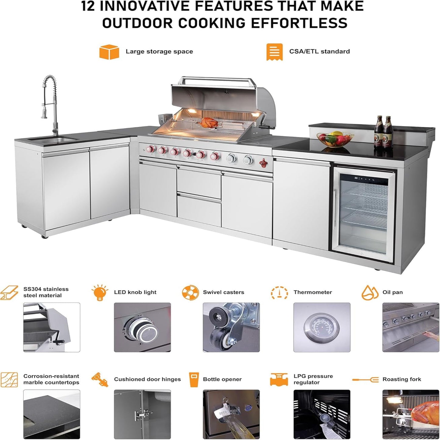 102.4" Outdoor Kitchen Island, 4-Burner Propane Gas BBQ Grill 59500 BTU 304 Stainless Steel, Built-In Sink & Refrigerator for Backyard Patio Cooking (Silver, 102.4"')