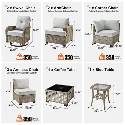 9 Pieces Patio Furniture Set outside Furniture Wicker Patio Conversation Set with Swivel Chairs, Outdoor Furniture for Garden, Gray