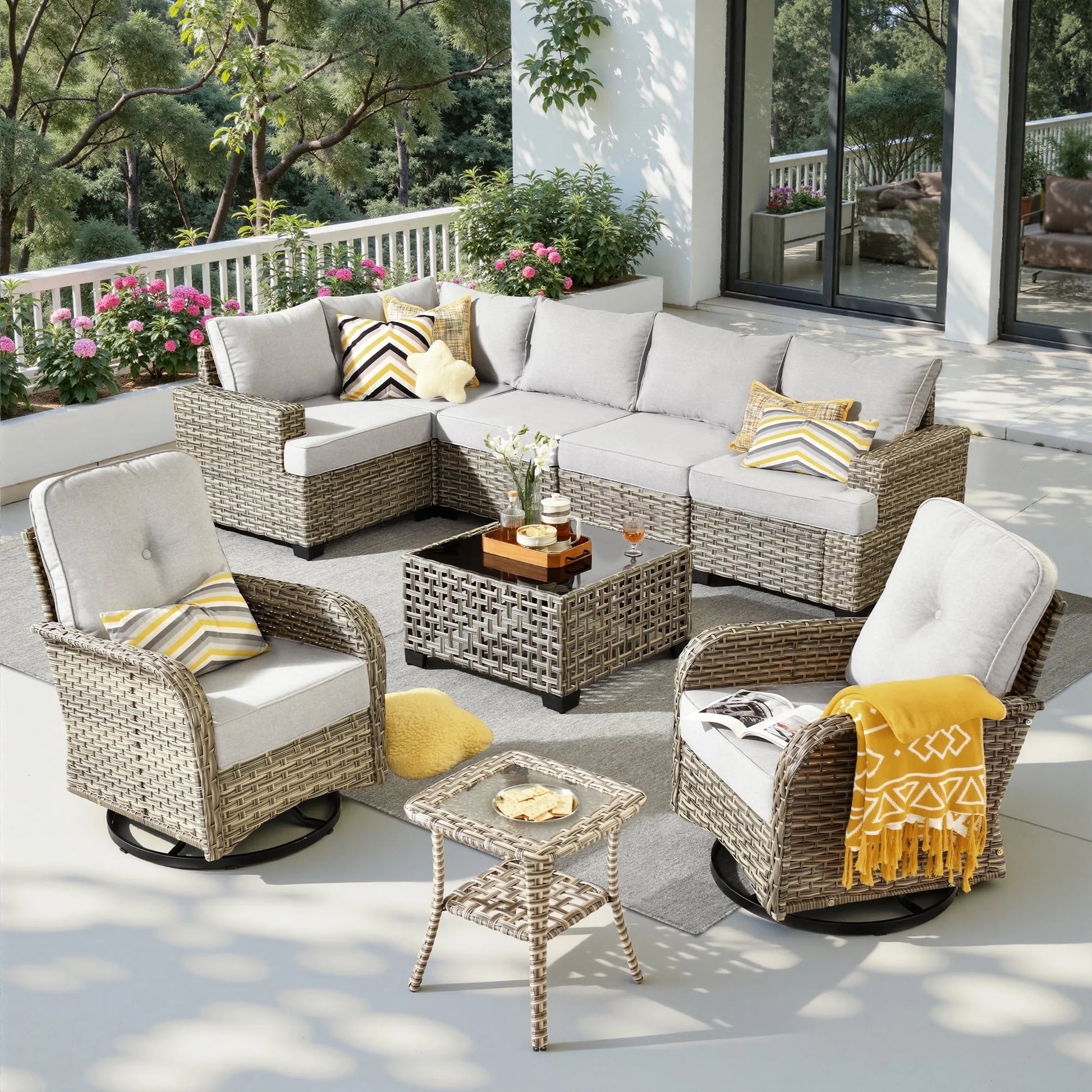 9 Pieces Patio Furniture Set outside Furniture Wicker Patio Conversation Set with Swivel Chairs, Outdoor Furniture for Garden, Gray