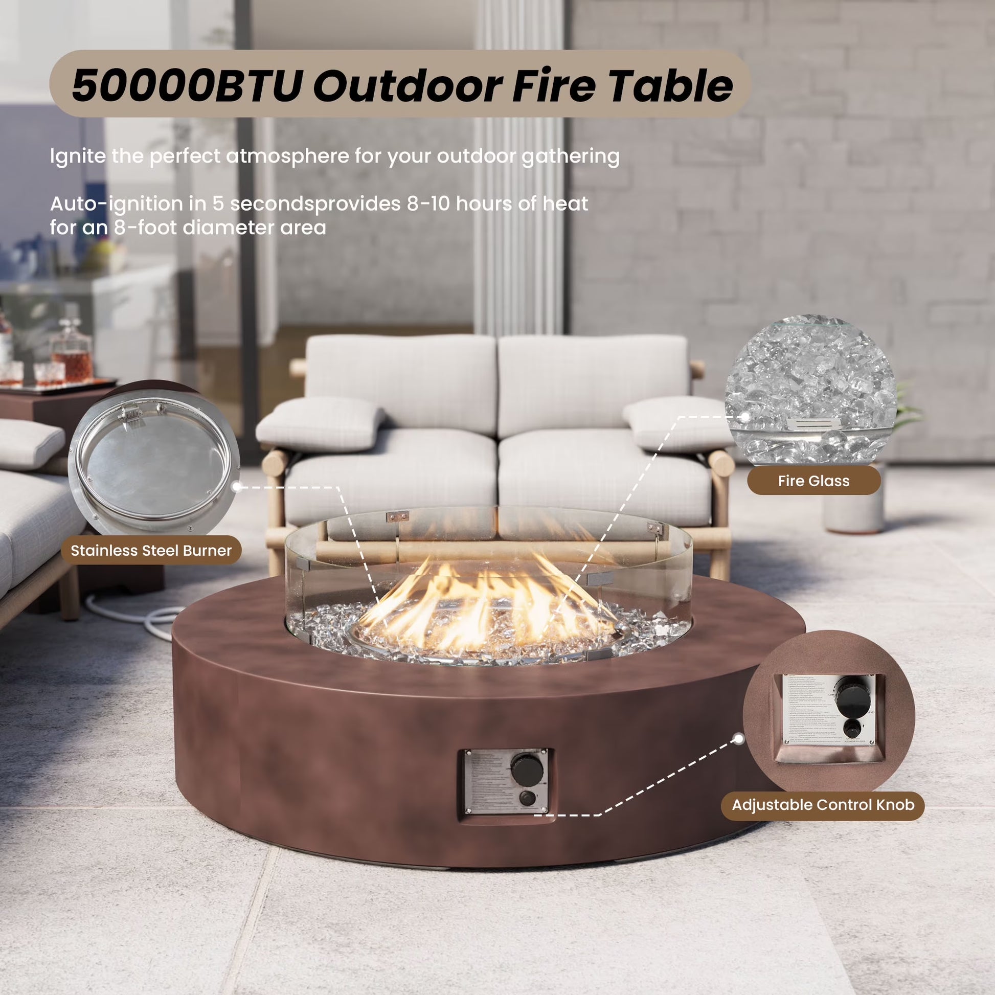 MGO Outdoor Propane Fire Pit Table with Wind Guard, Transparent Gray Fire Glass, Waterproof Cover for Garden, Backyard