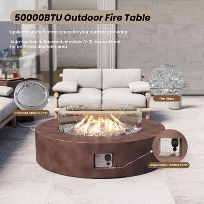 MGO Outdoor Propane Fire Pit Table with Wind Guard, Transparent Gray Fire Glass, Waterproof Cover for Garden, Backyard