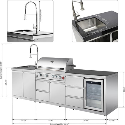 102.4" Outdoor Kitchen Island, 4-Burner Propane Gas BBQ Grill 59500 BTU 304 Stainless Steel, Built-In Sink & Refrigerator for Backyard Patio Cooking (Silver, 102.4"')
