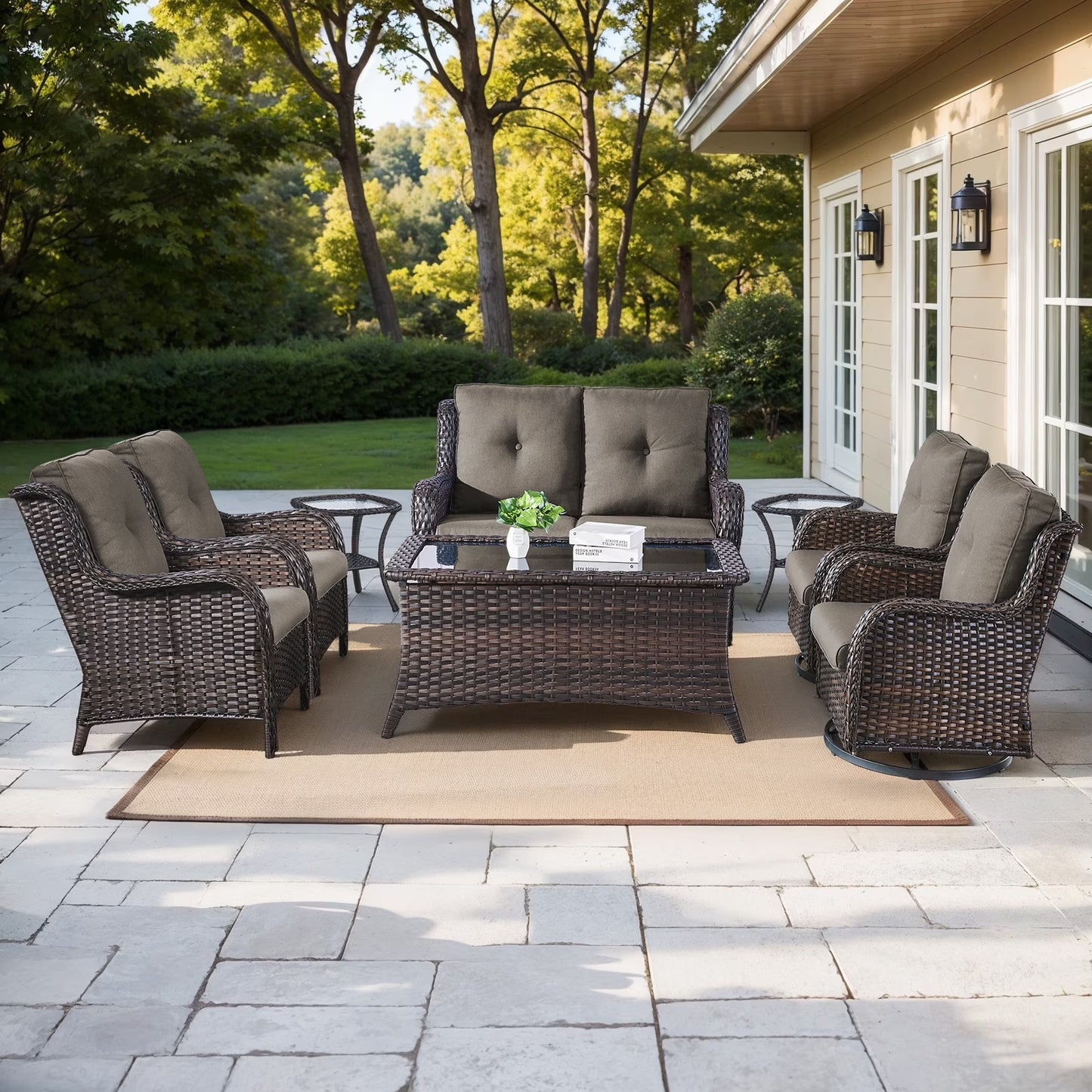 8 Pieces Patio Furniture Sets with Swivel Rocking Chairs,High-Back Rattan Patio Outdoor Conversation Set with 2-Seat Sofa & Coffee Table for Porch Deck Backyard Poolside