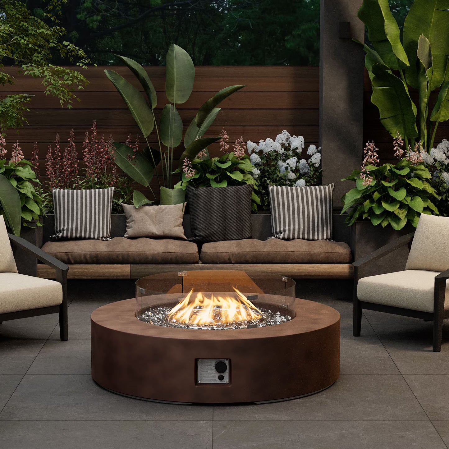 MGO Outdoor Propane Fire Pit Table with Wind Guard, Transparent Gray Fire Glass, Waterproof Cover for Garden, Backyard