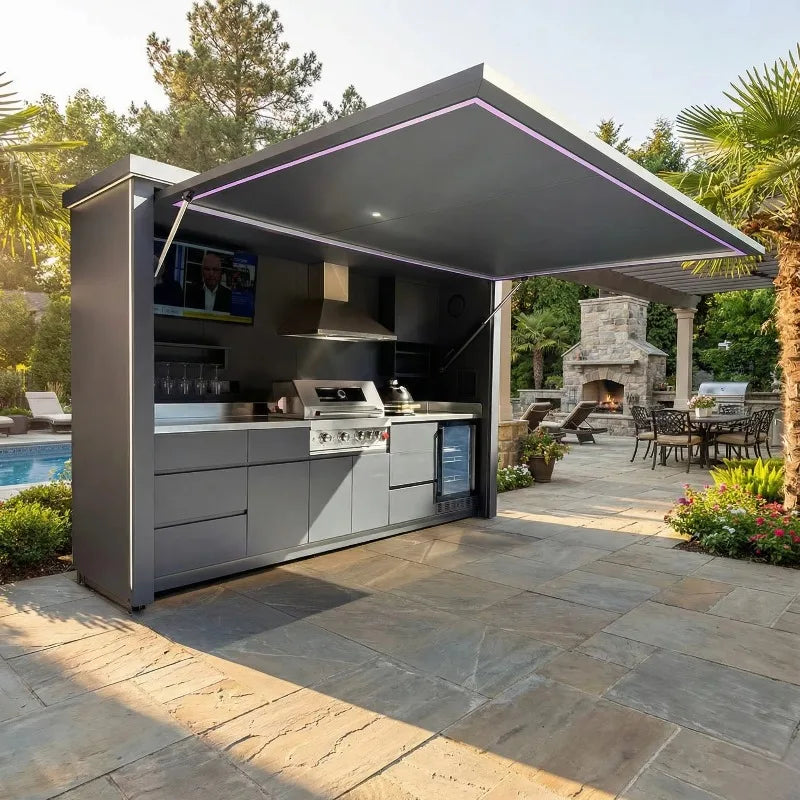 Customized Multi Functional Outdoor Kitchen BBQ Pod with Shelter Moisture Resistant Stainless Steel Outdoor Kitchen Patio Shed