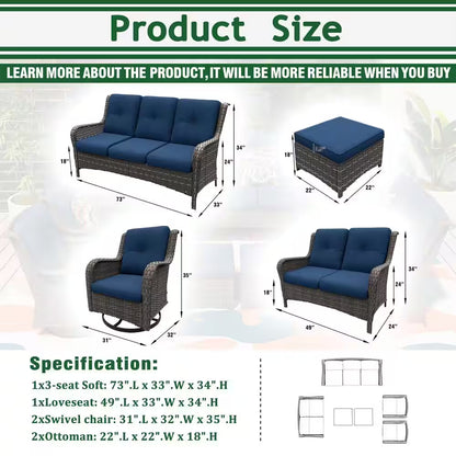 Patio Furniture Set 6-Piece Outdoor Patio Conversation Set with Blue Cushions Lawn Furniture