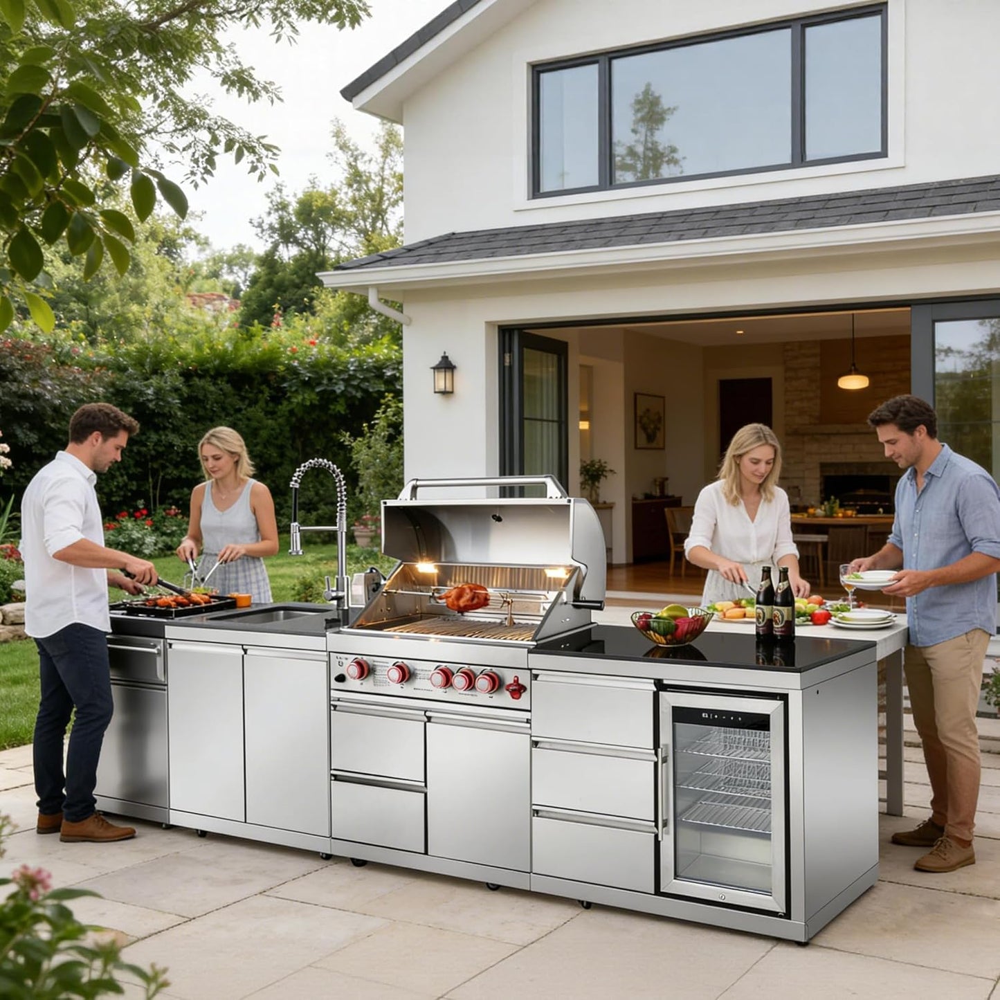 102.4" Outdoor Kitchen Island, 4-Burner Propane Gas BBQ Grill 59500 BTU 304 Stainless Steel, Built-In Sink & Refrigerator for Backyard Patio Cooking (Silver, 102.4"')