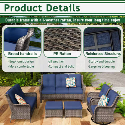 Patio Furniture Set 6-Piece Outdoor Patio Conversation Set with Blue Cushions Lawn Furniture