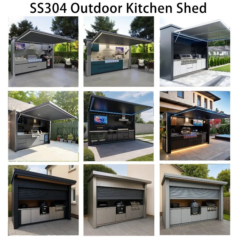 Customized Multi Functional Outdoor Kitchen BBQ Pod with Shelter Moisture Resistant Stainless Steel Outdoor Kitchen Patio Shed