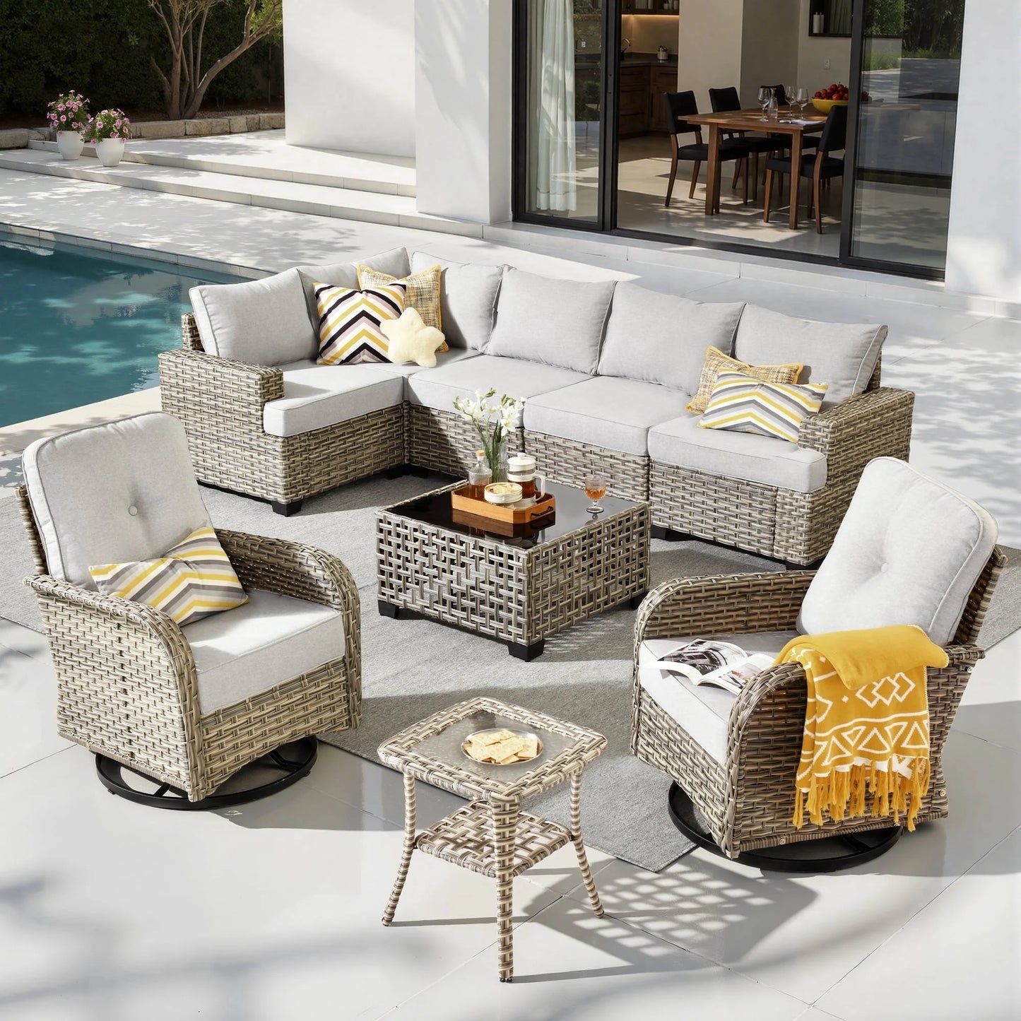 9 Pieces Patio Furniture Set outside Furniture Wicker Patio Conversation Set with Swivel Chairs, Outdoor Furniture for Garden, Gray