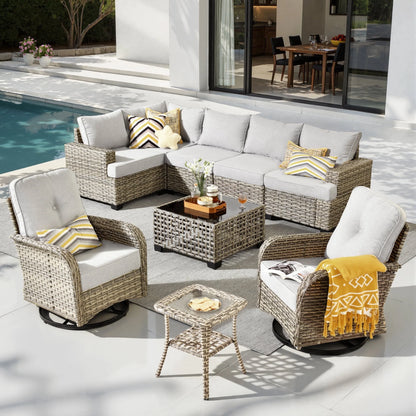 9 Pieces Patio Furniture Set outside Furniture Wicker Patio Conversation Set with Swivel Chairs, Outdoor Furniture for Garden, Gray