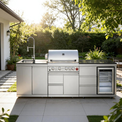 102.4" Outdoor Kitchen Island, 4-Burner Propane Gas BBQ Grill 59500 BTU 304 Stainless Steel, Built-In Sink & Refrigerator for Backyard Patio Cooking (Silver, 102.4"')