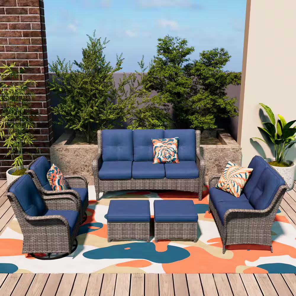 Patio Furniture Set 6-Piece Outdoor Patio Conversation Set with Blue Cushions Lawn Furniture