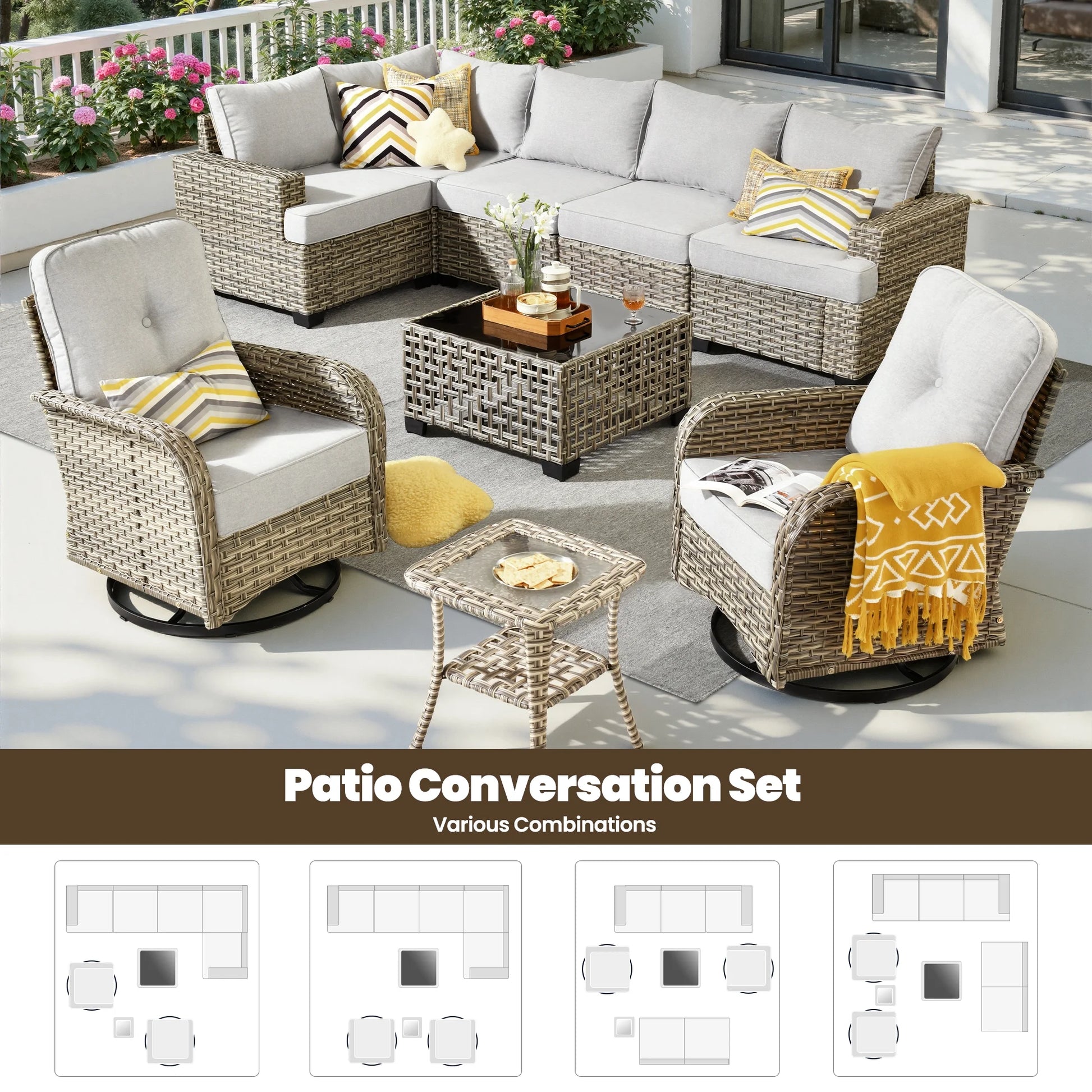 9 Pieces Patio Furniture Set outside Furniture Wicker Patio Conversation Set with Swivel Chairs, Outdoor Furniture for Garden, Gray