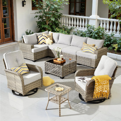 9 Pieces Patio Furniture Set outside Furniture Wicker Patio Conversation Set with Swivel Chairs, Outdoor Furniture for Garden, Gray