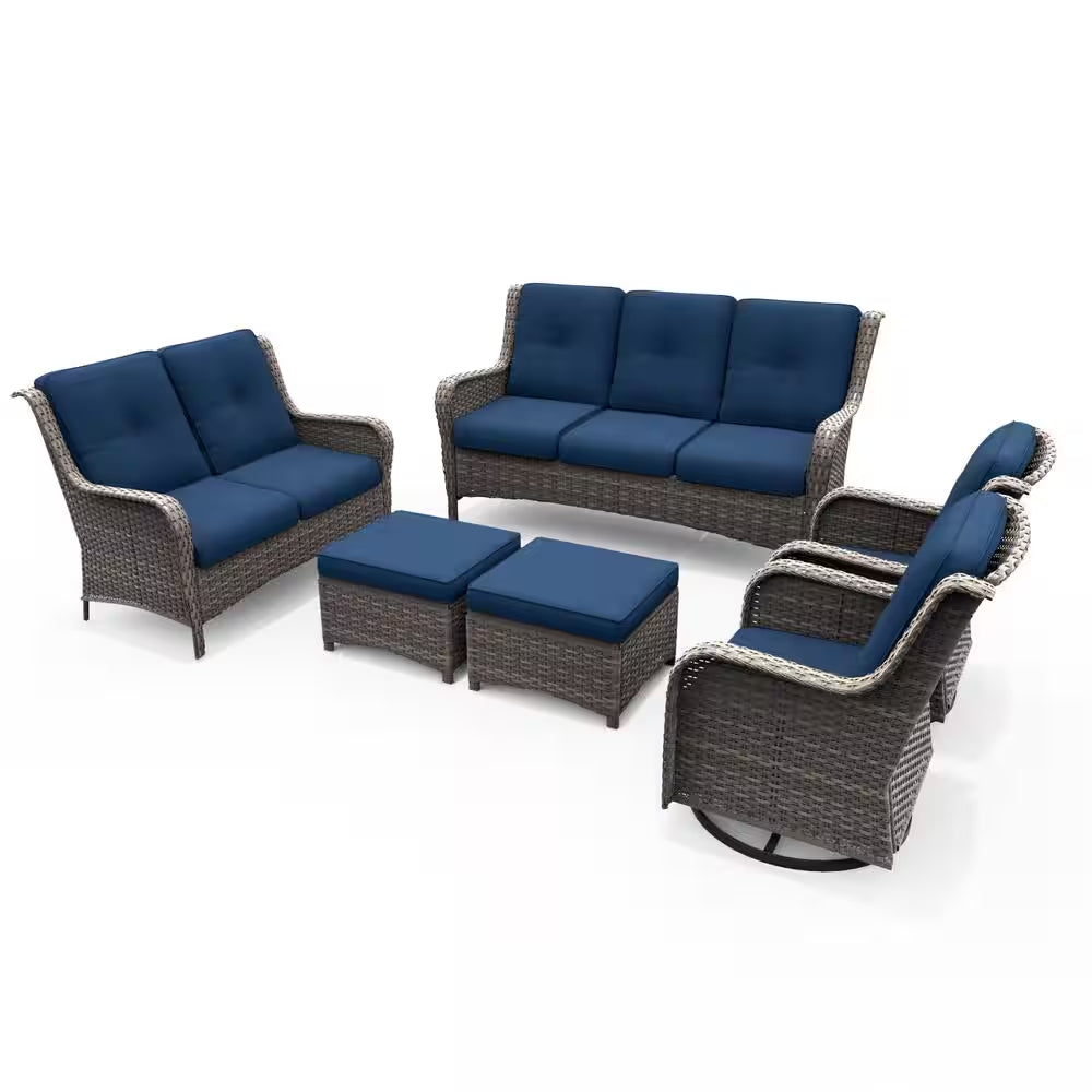 Patio Furniture Set 6-Piece Outdoor Patio Conversation Set with Blue Cushions Lawn Furniture