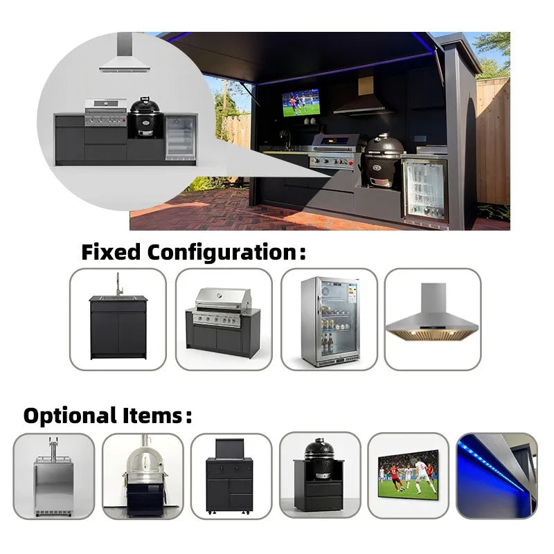 Customized Multi Functional Outdoor Kitchen BBQ Pod with Shelter Moisture Resistant Stainless Steel Outdoor Kitchen Patio Shed