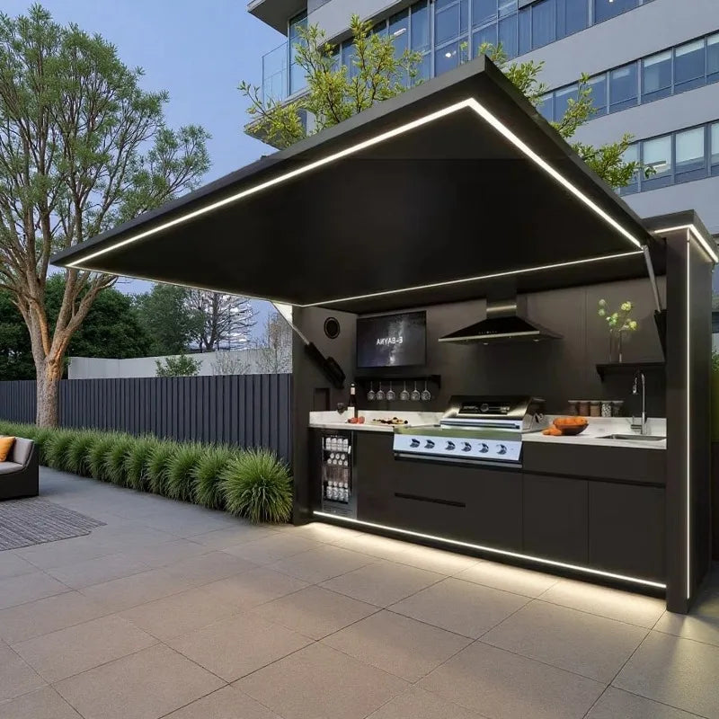 Customized Multi Functional Outdoor Kitchen BBQ Pod with Shelter Moisture Resistant Stainless Steel Outdoor Kitchen Patio Shed