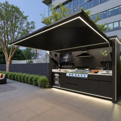 Customized Multi Functional Outdoor Kitchen BBQ Pod with Shelter Moisture Resistant Stainless Steel Outdoor Kitchen Patio Shed