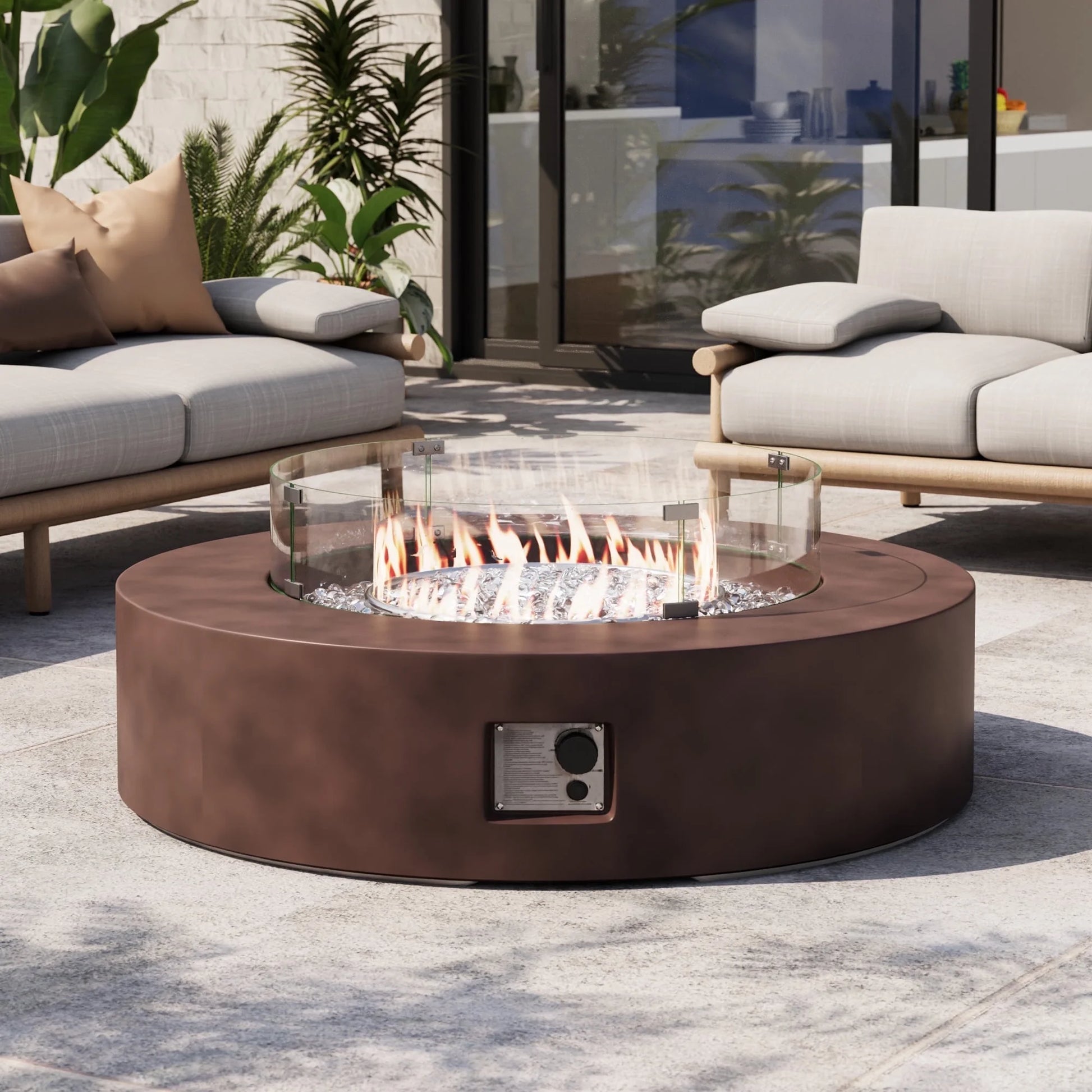 MGO Outdoor Propane Fire Pit Table with Wind Guard, Transparent Gray Fire Glass, Waterproof Cover for Garden, Backyard