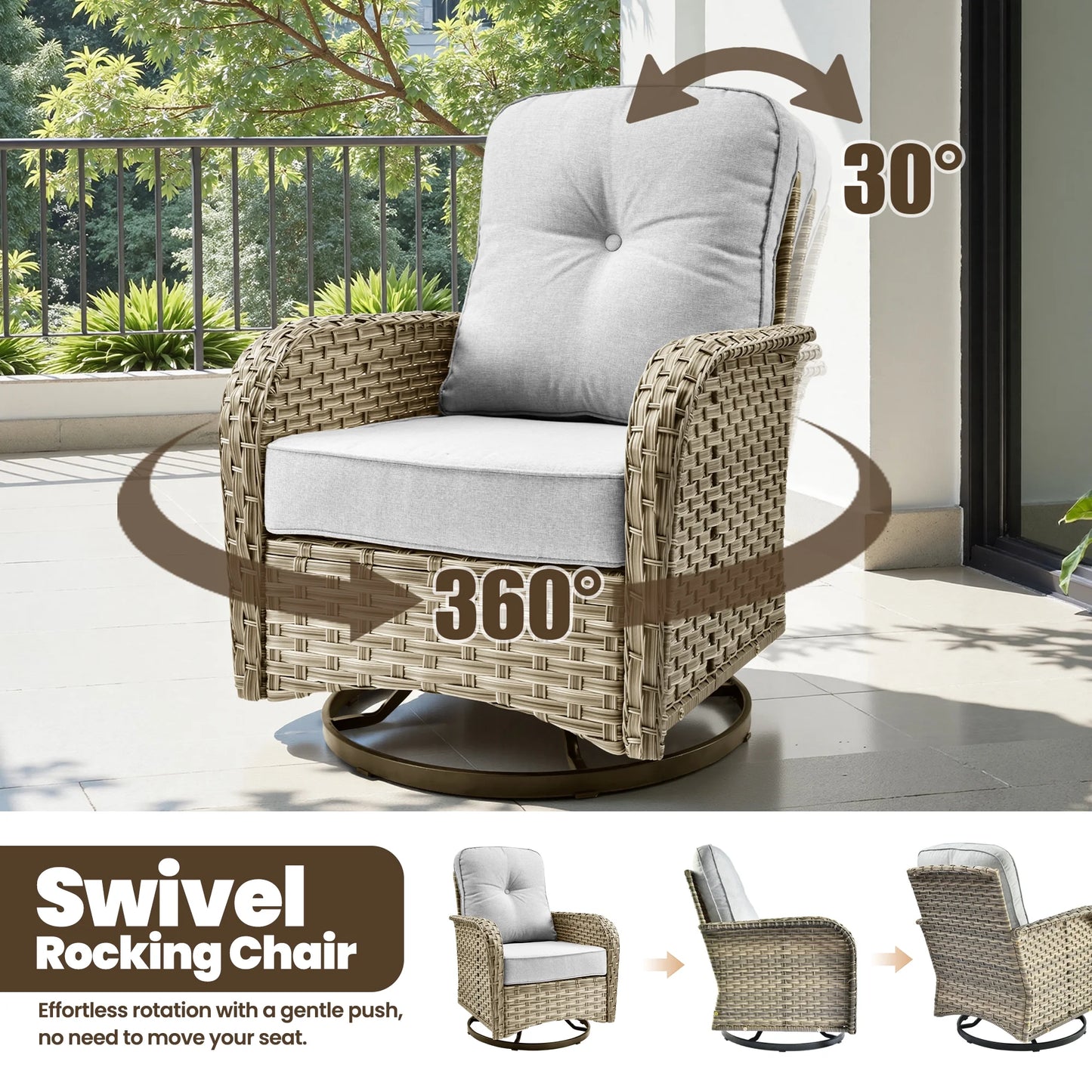 9 Pieces Patio Furniture Set outside Furniture Wicker Patio Conversation Set with Swivel Chairs, Outdoor Furniture for Garden, Gray