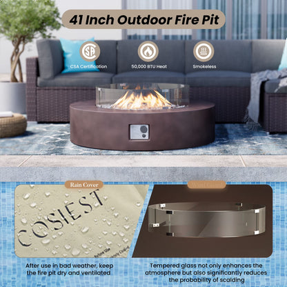 MGO Outdoor Propane Fire Pit Table with Wind Guard, Transparent Gray Fire Glass, Waterproof Cover for Garden, Backyard