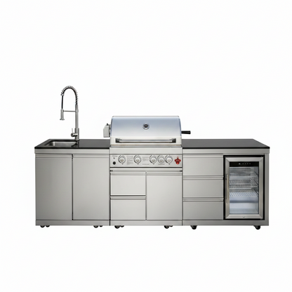 102.4" Outdoor Kitchen Island, 4-Burner Propane Gas BBQ Grill 59500 BTU 304 Stainless Steel, Built-In Sink & Refrigerator for Backyard Patio Cooking (Silver, 102.4"')