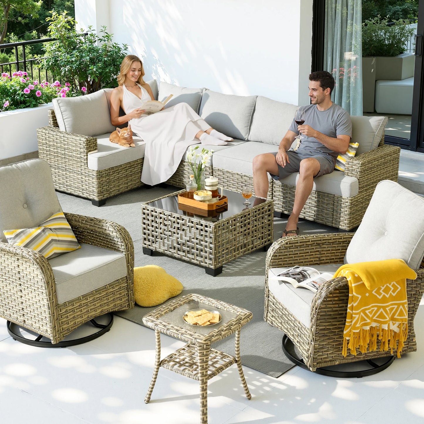 9 Pieces Patio Furniture Set outside Furniture Wicker Patio Conversation Set with Swivel Chairs, Outdoor Furniture for Garden, Gray
