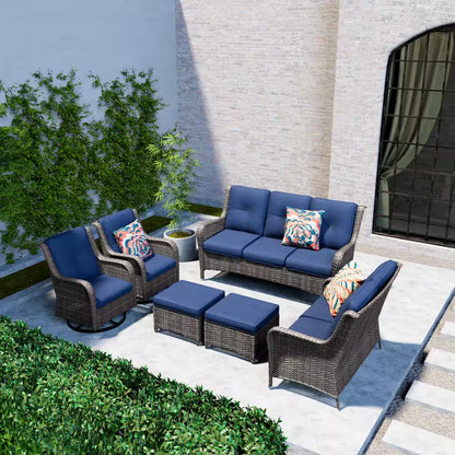 Patio Furniture Set 6-Piece Outdoor Patio Conversation Set with Blue Cushions Lawn Furniture