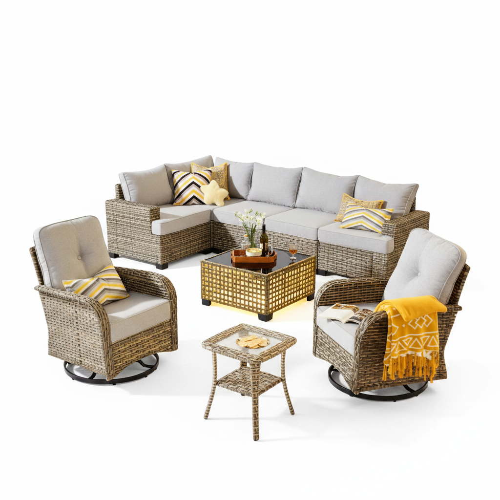9 Pieces Patio Furniture Set outside Furniture Wicker Patio Conversation Set with Swivel Chairs, Outdoor Furniture for Garden, Gray